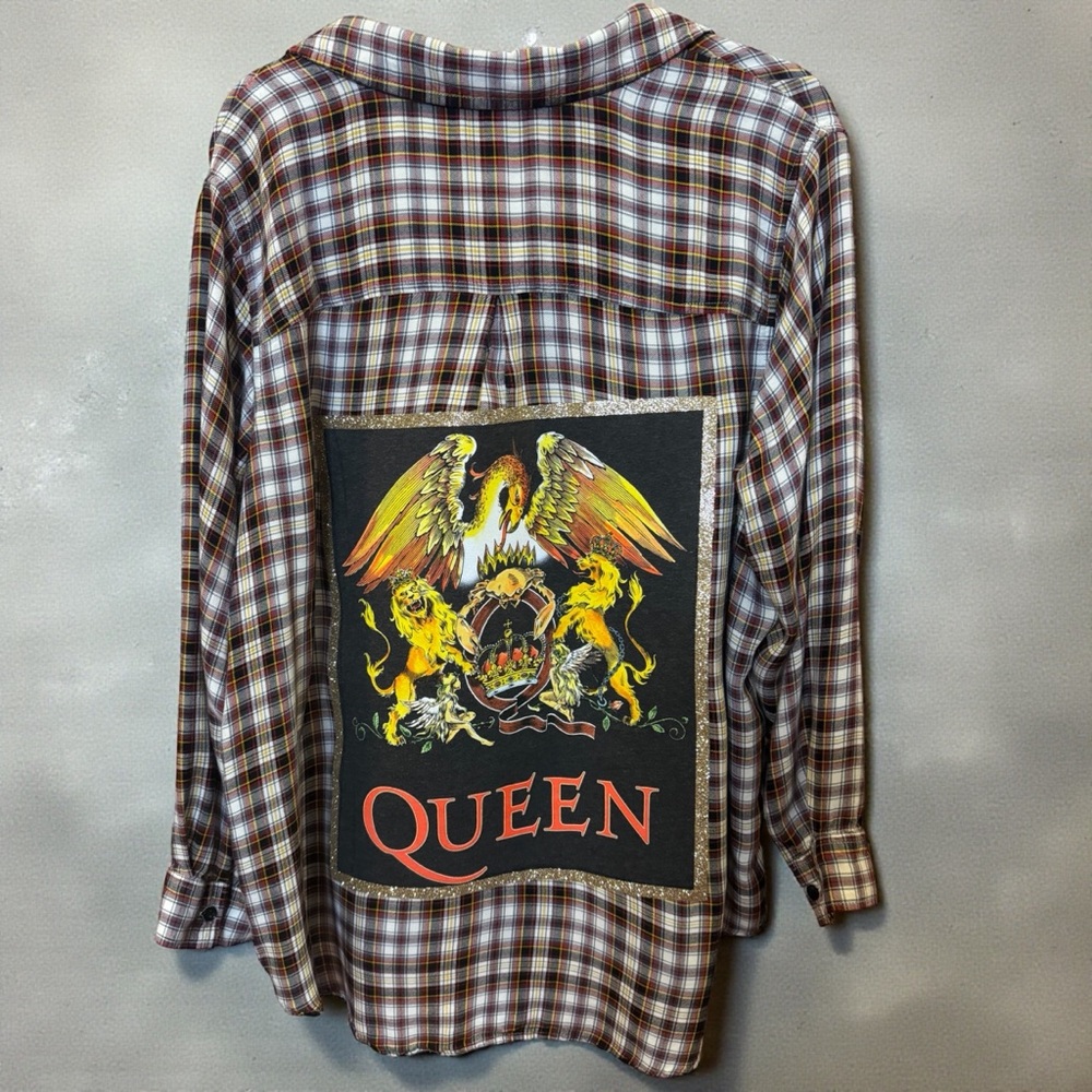 Que Plaid Button-Down Shirt with Queen Band Patch - Brown, White, Yellow